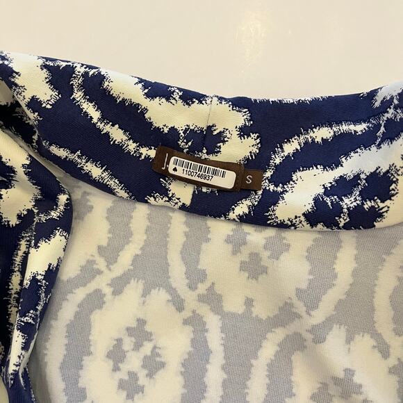 J. McLaughlin Catalina Cloth Faux-Wrap Dress Small Navy Geometric Office Stretch - Picture 11 of 13